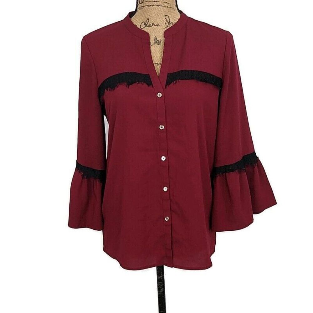 Karl Lagerfeld Paris Burgundy Lace Trim‎ 3/4 Bell Sleeve Blouse Romantic sz S